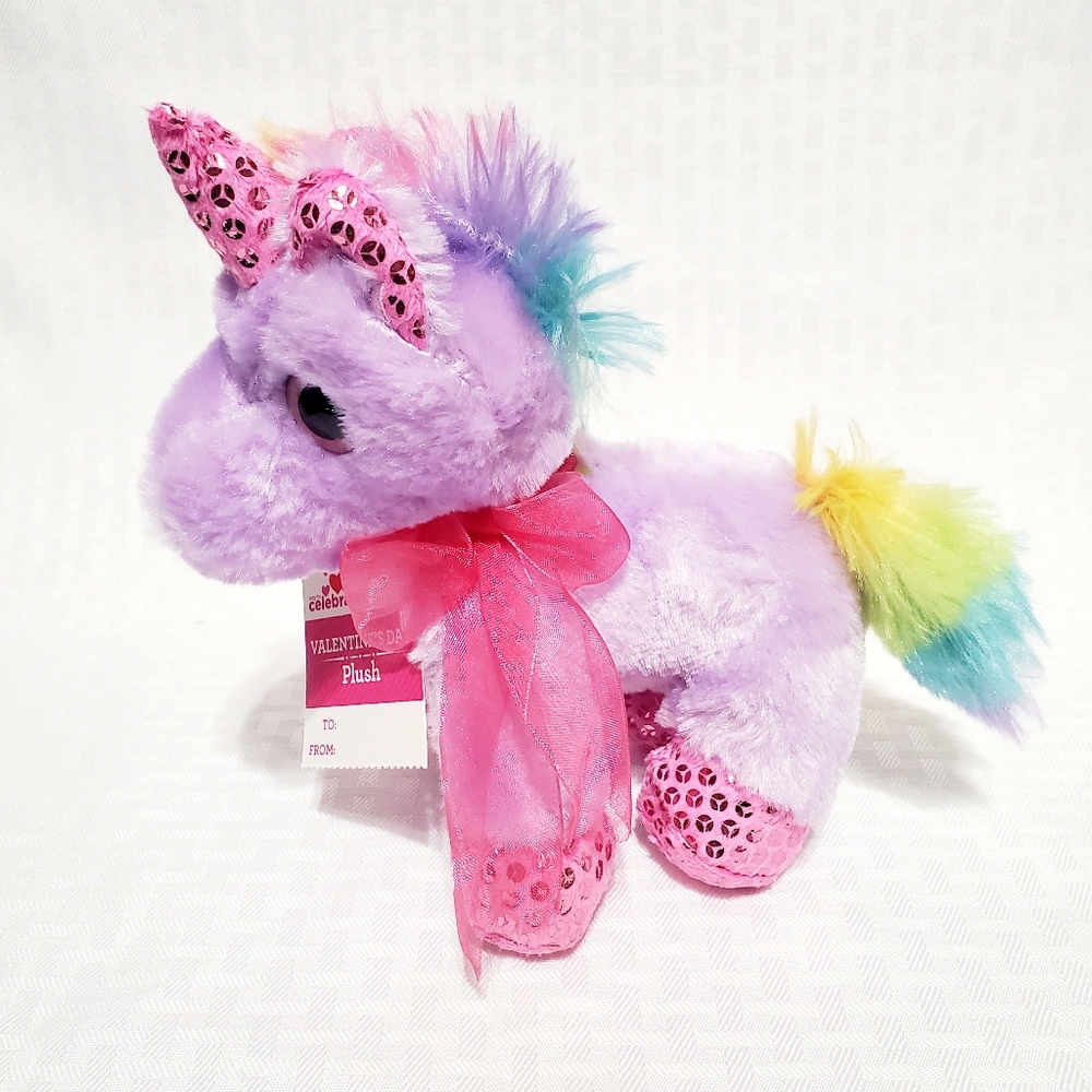 MTY International Rainbow Unicorn Sequin Plush Stuffed  Purple Toy 8" Tall.